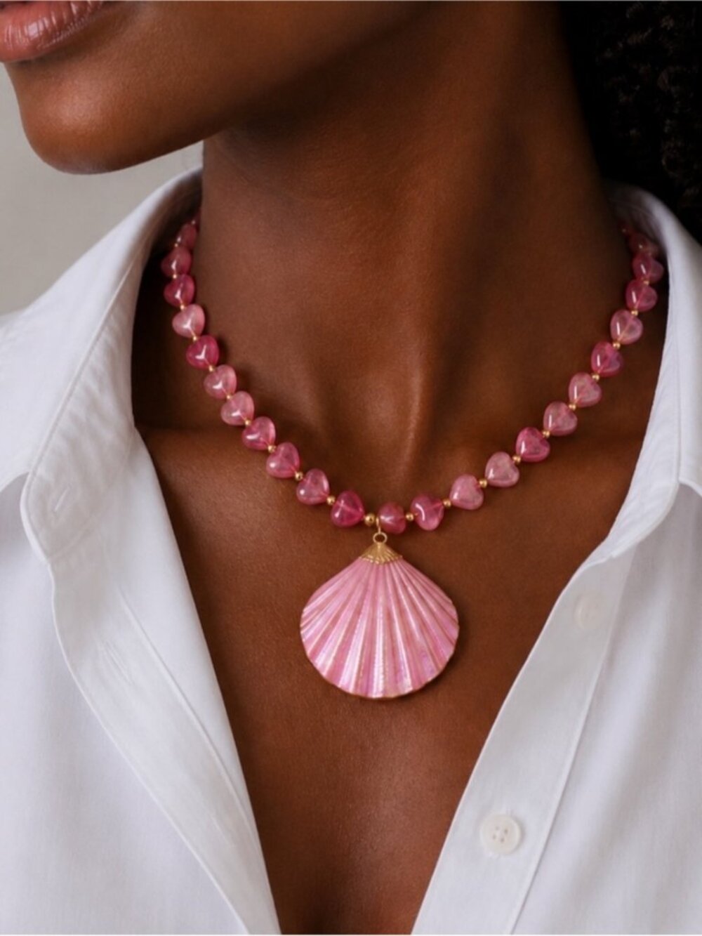 New! Coastal Colorful Pink Beaded Shell Dopamine Necklace NWOT